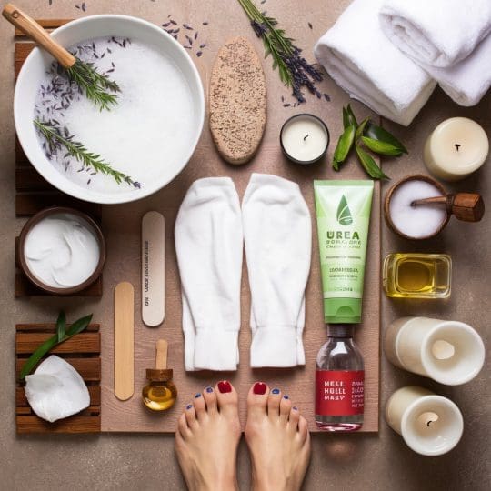 Foot care essentials for soaking, exfoliating, and moisturizing at home.